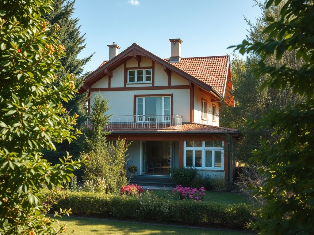 Современный дом с красной крышей, окруженный зеленью и цветами, на фоне ясного неба.