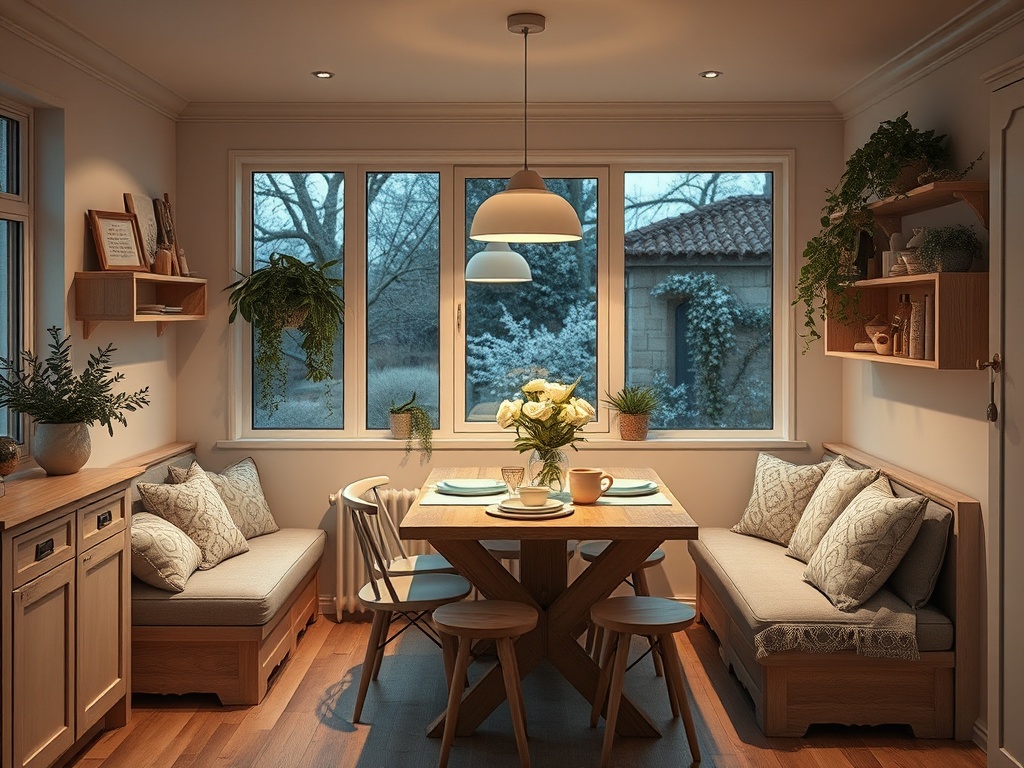 Уютная кухня с мягкими диванами, столом и растениями у окон, с видом на зимний сад.