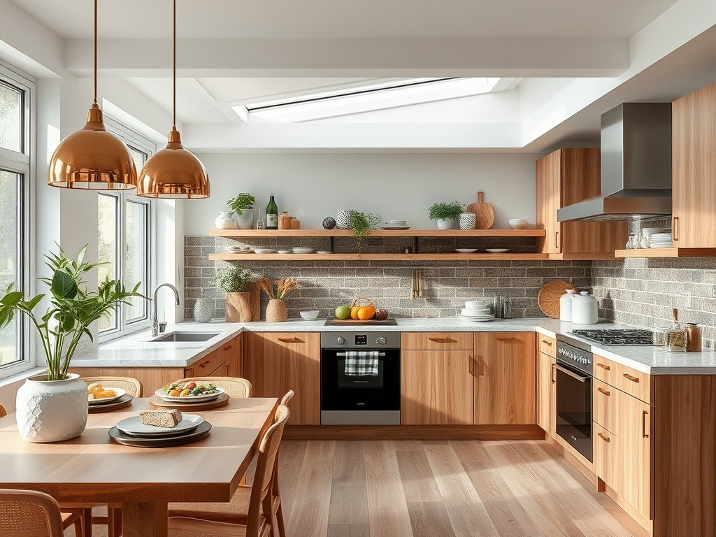 Современная кухня с деревянными шкафами, мармуровой столешницей и стильным освещением. Основные элементы: растения и посуда.