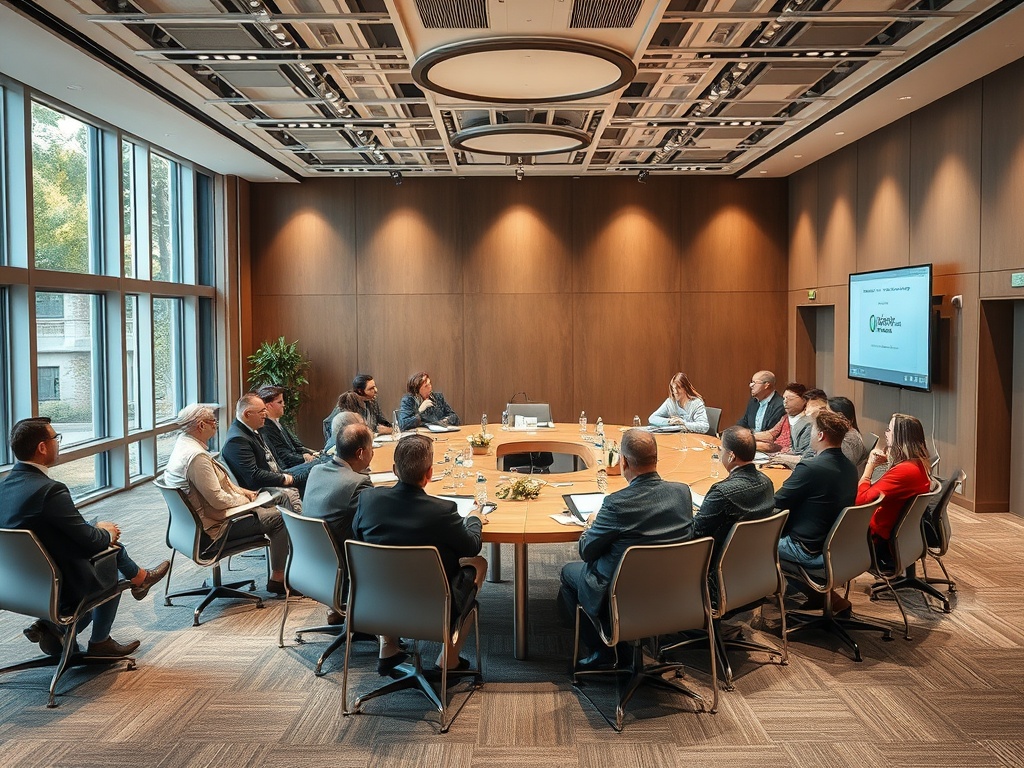 На встрече в конференц-зале сидят люди, обсуждают идеи, на стене - экран с презентацией.