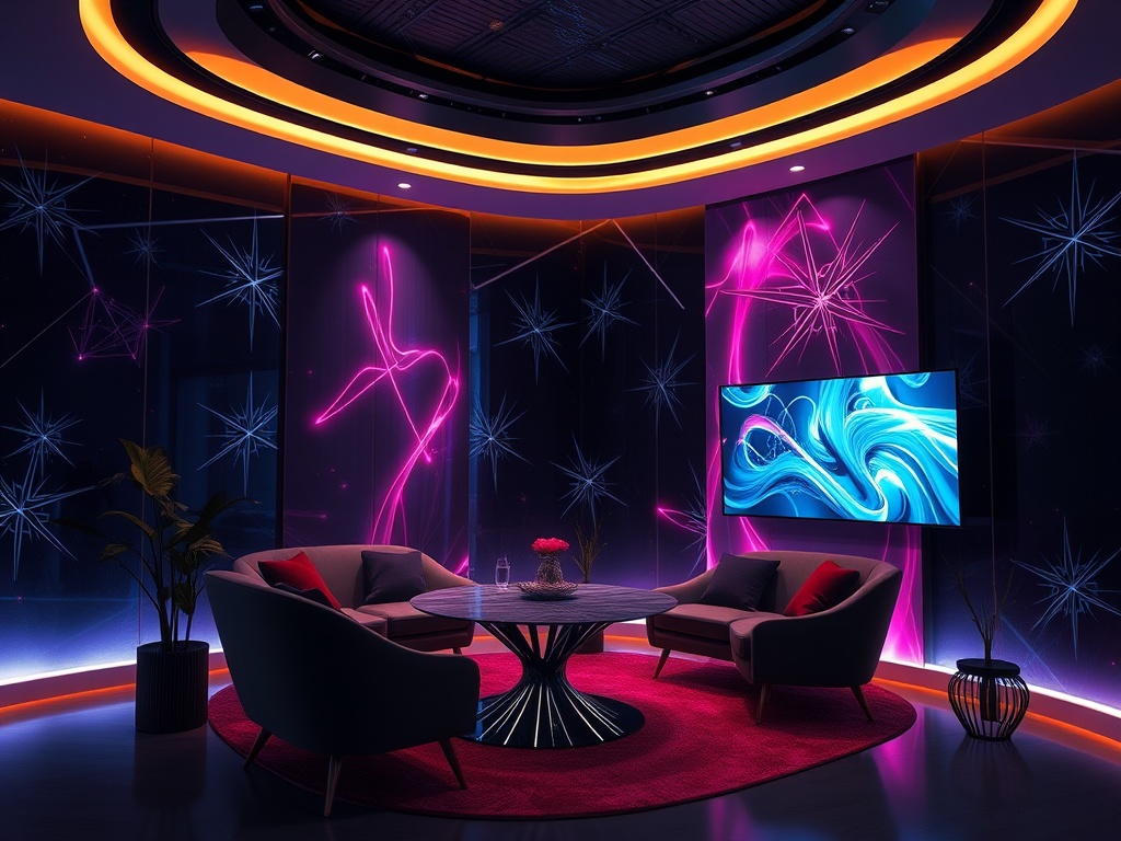 Современный интерьер с неоновыми огнями, уютные кресла и телевизор на фоне яркой абстрактной стены.