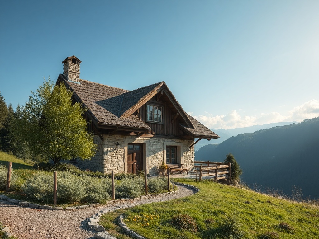 Деревенский дом с каменной стеной и деревянной крышей на фоне гор и голубого неба.