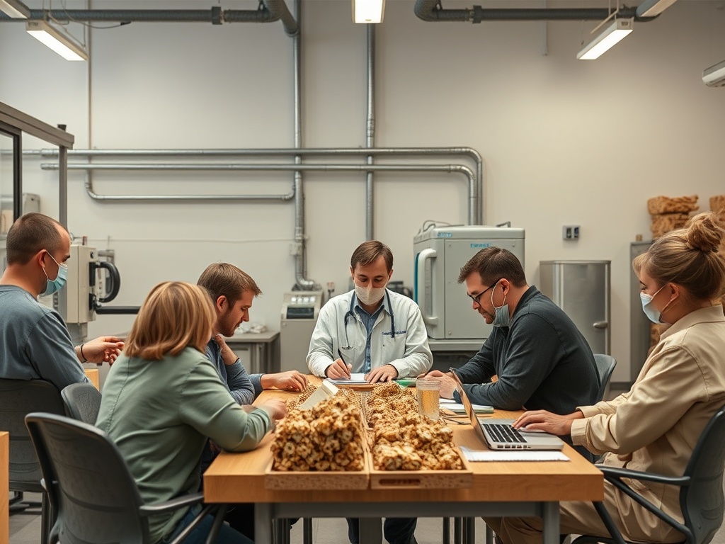 Группа людей обсуждает проект за столом в лаборатории, окруженная оборудованием и образцами.