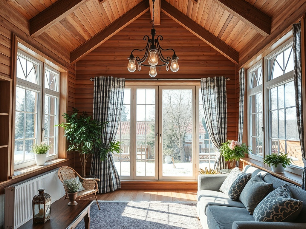 Светлая гостиная с деревянными стенами, большими окнами и уютной мебелью, украшенной растениями.