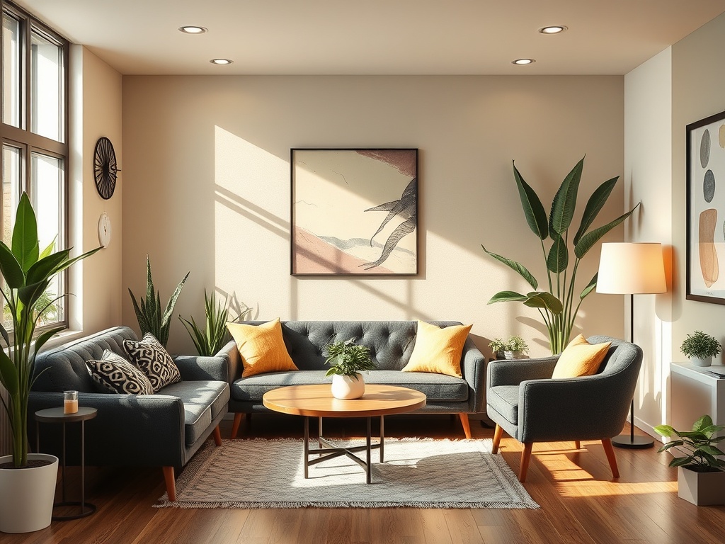 Светлая гостиная с мягкой мебелью, зелеными растениями и стильным декором на стенах. Теплая и уютная атмосфера.