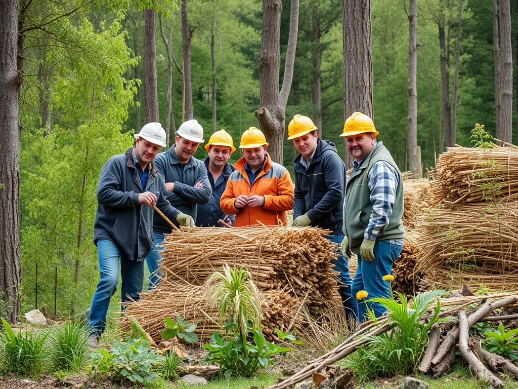 Шесть мужчин в касках стоят рядом с кучами палок в лесу, улыбаются и держатся за инструменты.