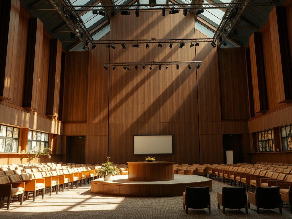 Современный конференц-зал с деревянными стенами, рядами кресел и большим экраном на стене.