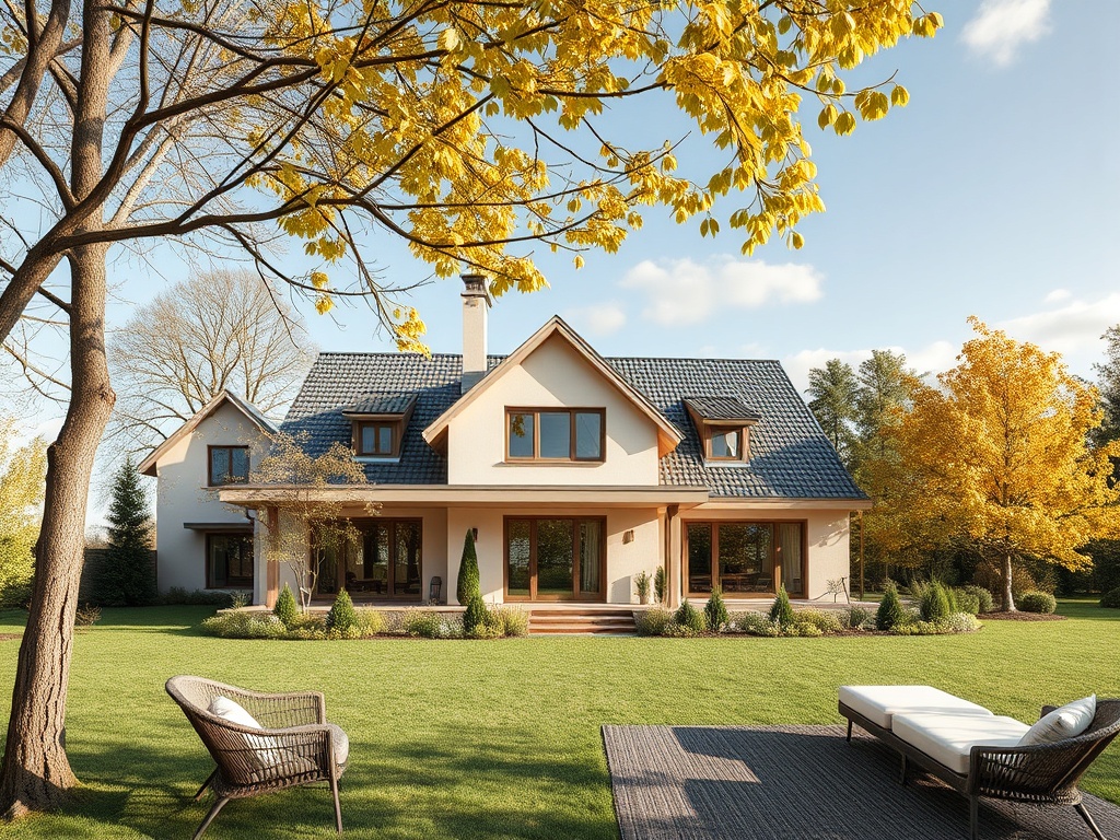 Современный дом с красивым садом, окружённый деревьями с осенними листьями, на фоне голубого неба.