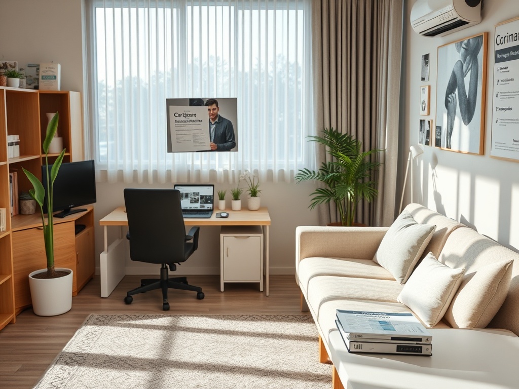 Современный офис с рабочим столом, креслом, компьютером и уютным диваном у окна с занавесками.