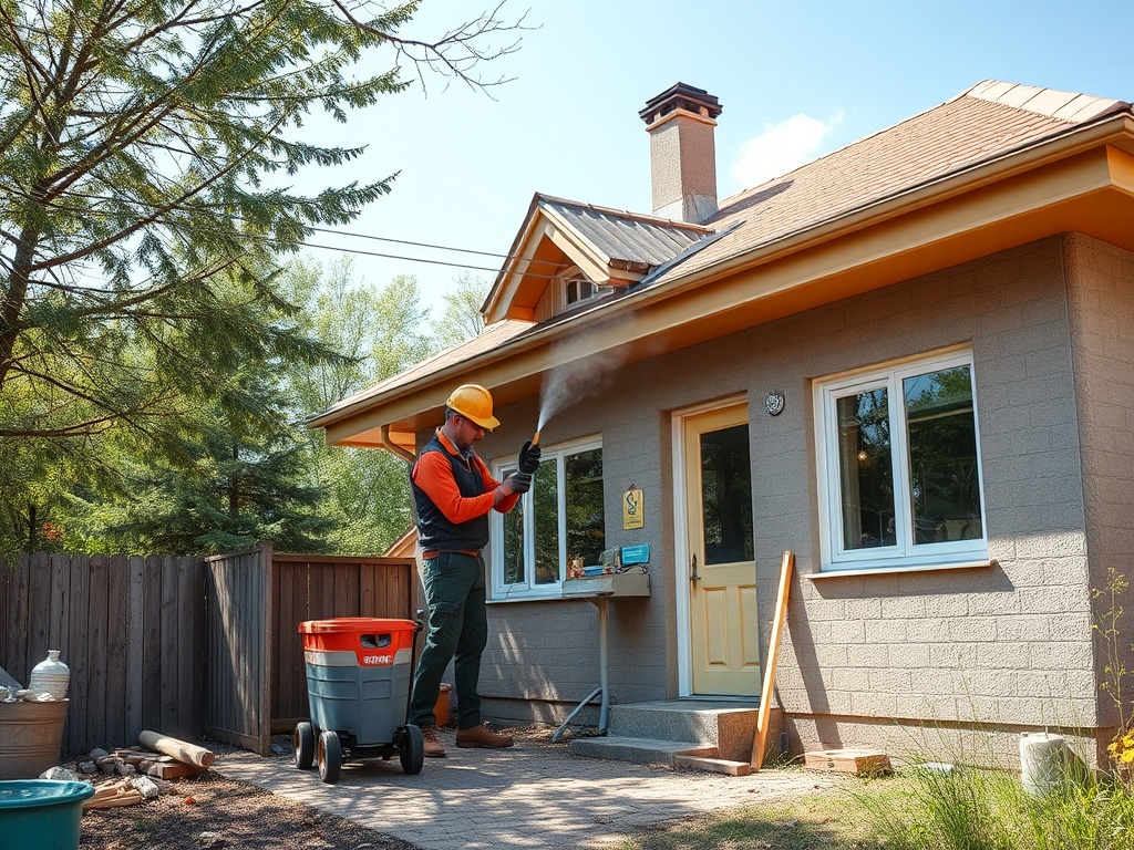 Рабочий в каске и одежде для защиты находитcя у дома, занимающийся ремонтом или обслуживанием.