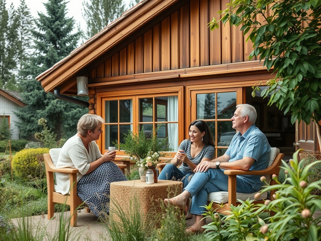 На террасе дома трое людей беседуют за чашками с напитками на фоне зелени.