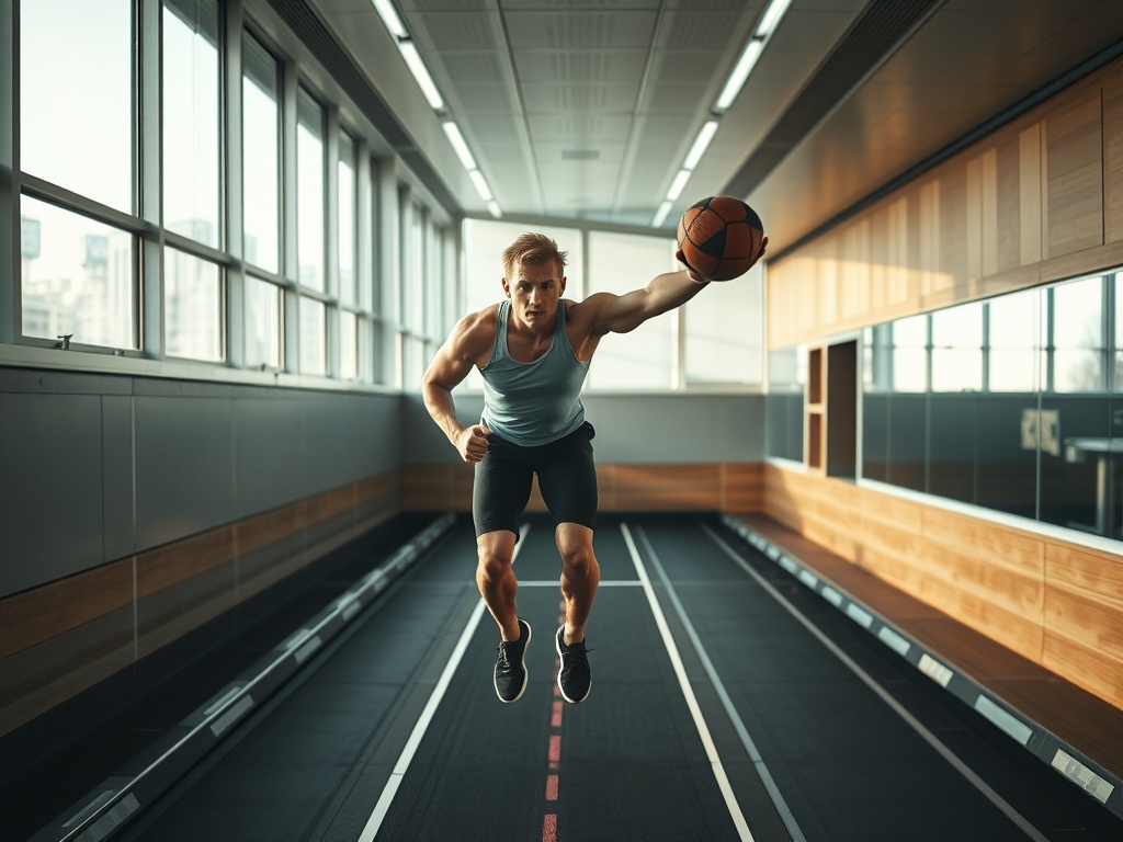 Мужчина в спортивной одежде прыгает с мячом в руках в современном зале для тренировок.