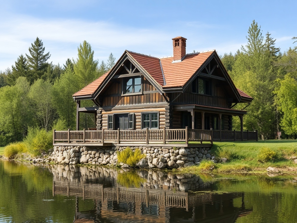 Деревянный дом на берегу воды, окружённый зелеными деревьями и отражением в спокойной воде.