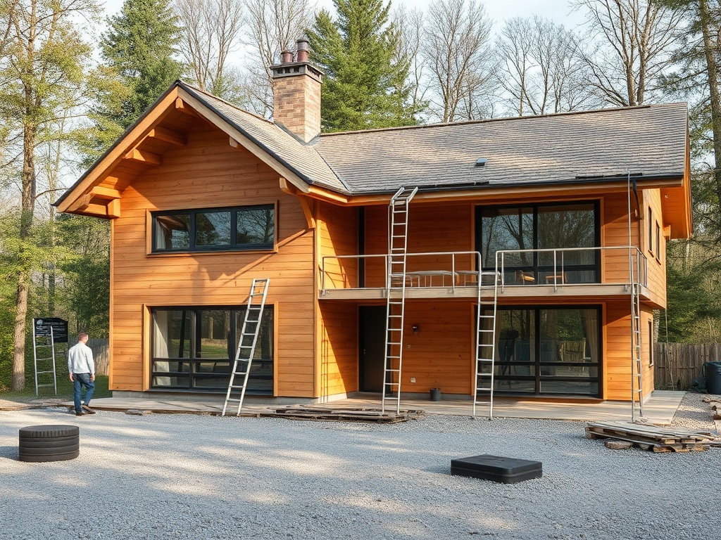 Современный деревянный дом с лестницами, окружённый деревьями, на строительной площадке.