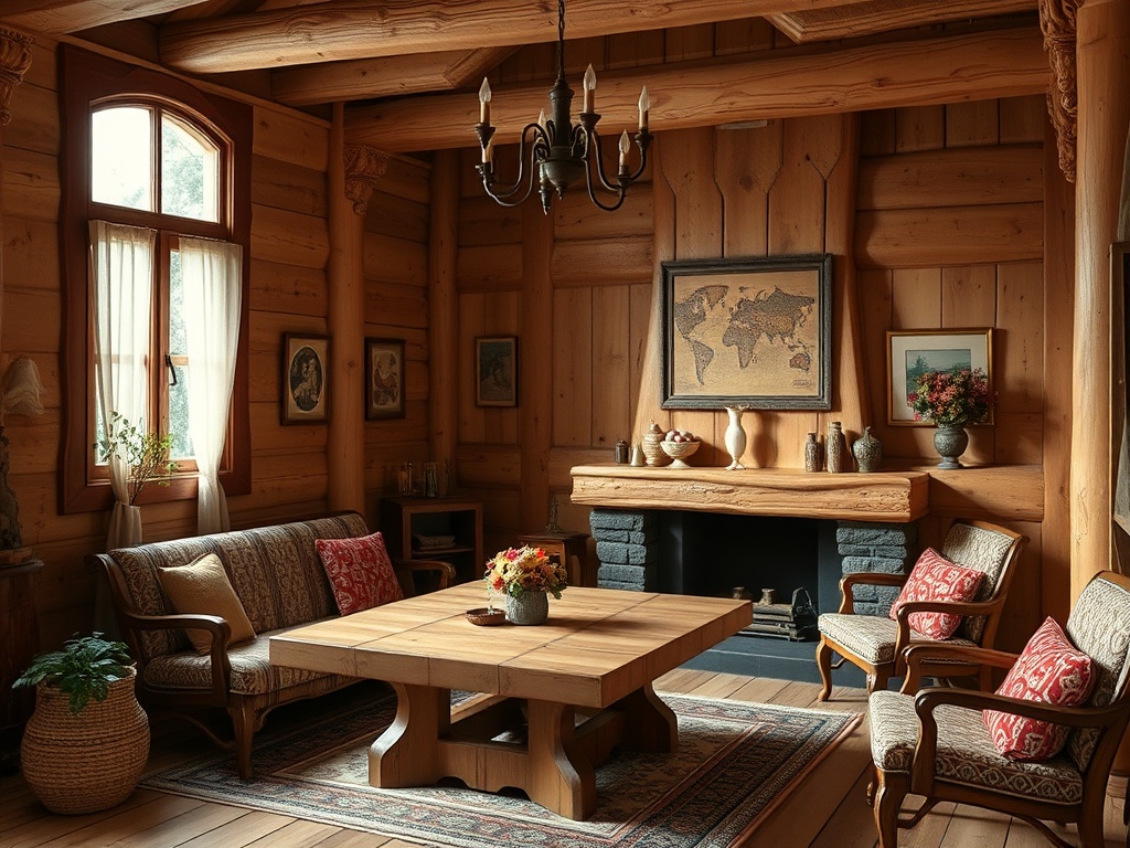 Уютная комната с деревянными стенами, мягкой мебелью и камином, украшенная картинами и цветами.