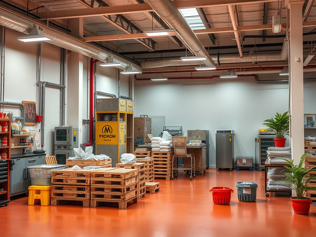 Складское помещение с деревянными поддонами, бытовой техникой и упаковкой товаров. Яркий и современный интерьер.