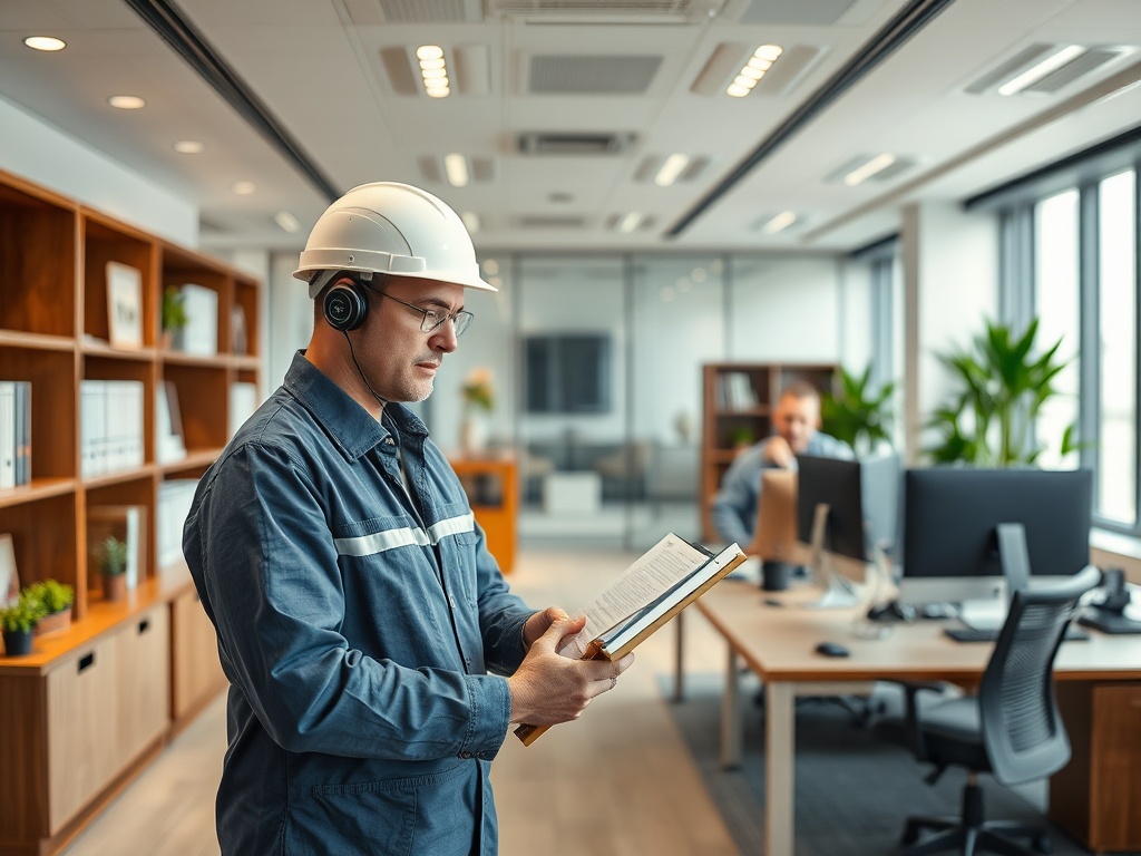 Работник в каске с наушниками читает документы в современном офисе с рабочими местами и зелеными растениями.
