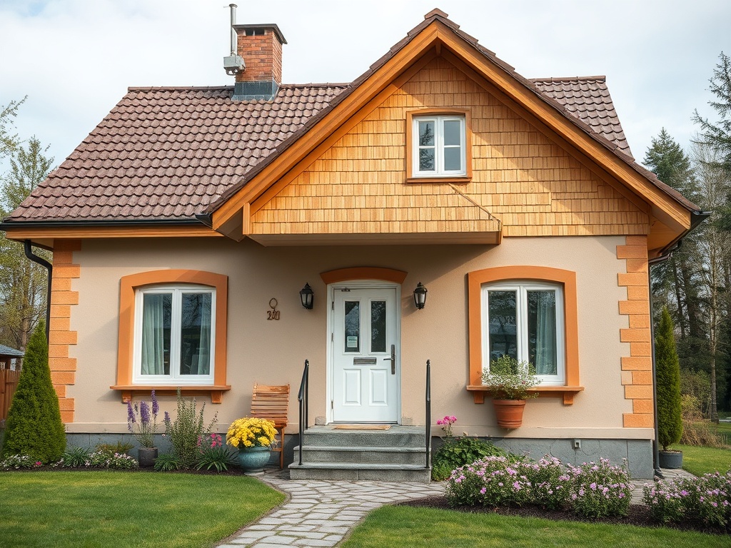 Современный коттедж с оранжевыми элементами, зелёным двором и цветами в саду. Тихая и уютная обстановка.