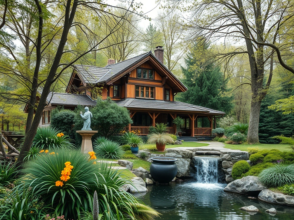На изображении загородный дом с садом, фонтаном и статуей, окруженный деревьями и зелеными растениями.
