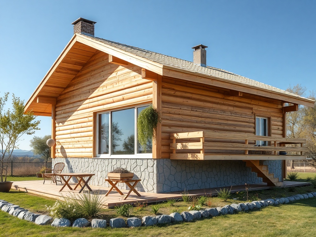 Деревянный дом с террасой, окружённый зеленью и усыпанный камнями, на фоне ясного неба.