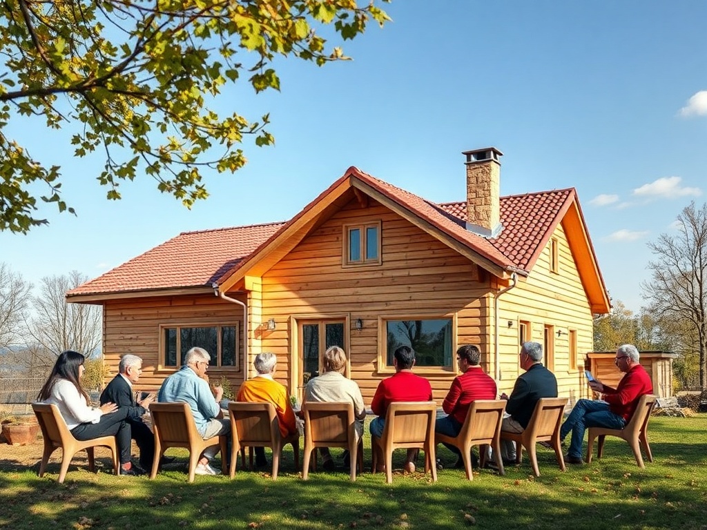 Группа людей сидит на улице рядом с деревянным домом, наслаждаясь теплым днем и общением.