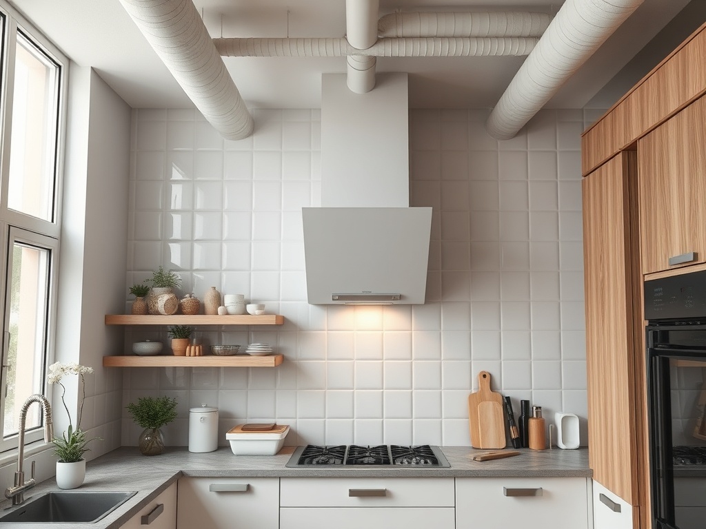 Современная кухня с белыми плитками, деревянными полками и плитой, оформленная в светлых тонах.