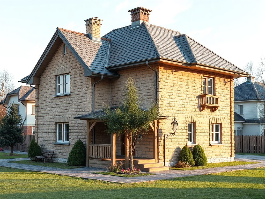 Двухэтажный дом из камня с балконом, окружённый зелёной травой и кустарниками. За окном ясная погода.