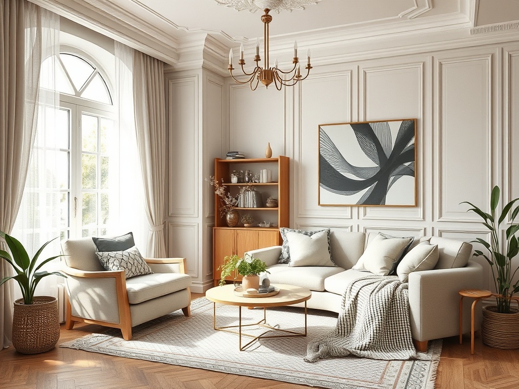 Современный интерьер с уютным диваном, креслом, растениями и красивыми окнами. Светлая атмосфера и стильные детали.