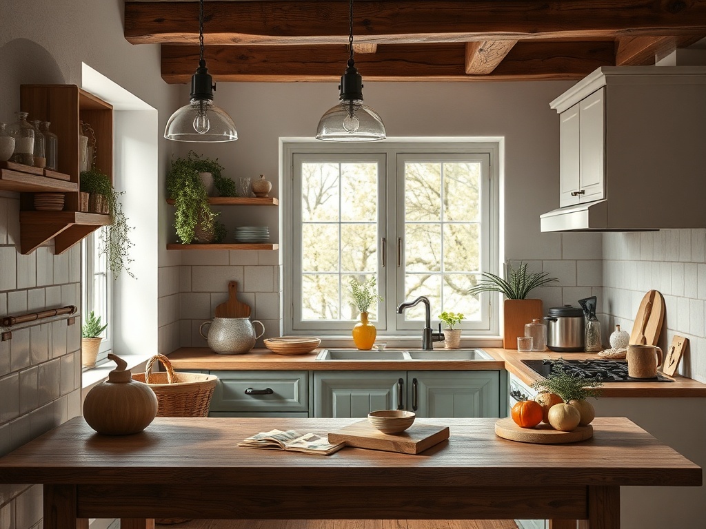 Современная кухня с деревянными полками, светлыми стенами и столом, уставленным посудой и фруктами.