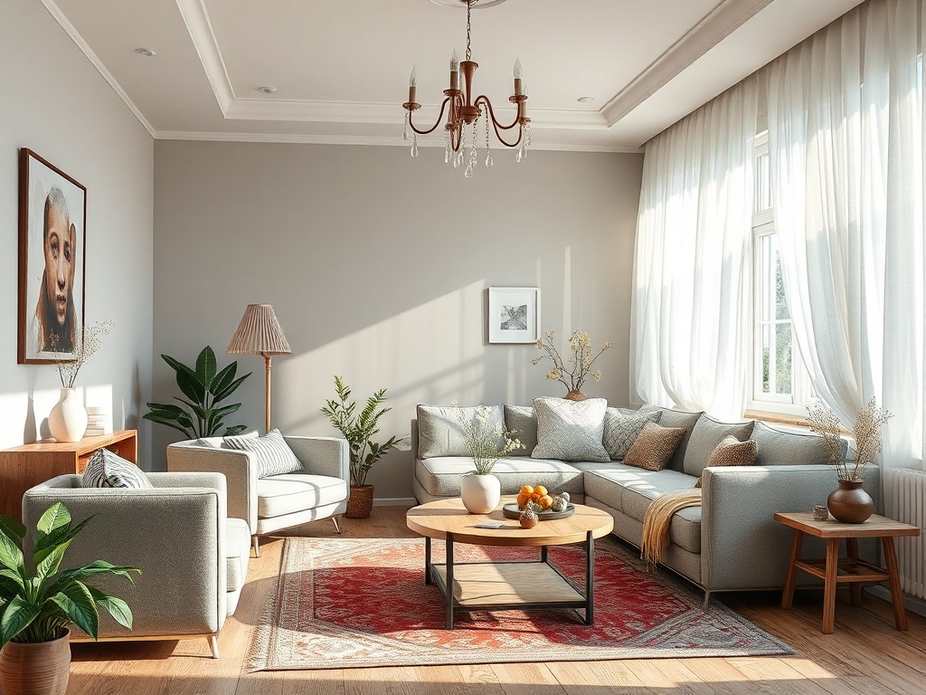 Уютная гостиная с мягкой мебелью, ковром, большими окнами и зелеными растениями. Светлый и теплый интерьер.