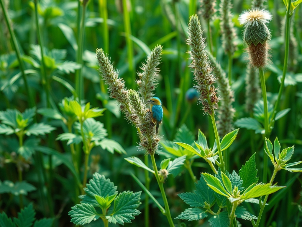 На фоне зелёных растений сидит яркая птица с синим оперением.