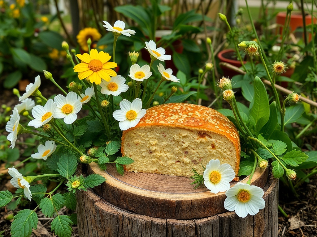 На деревянной подставке стоит круглый хлеб, окруженный цветами и зеленью. Летняя атмосфера.