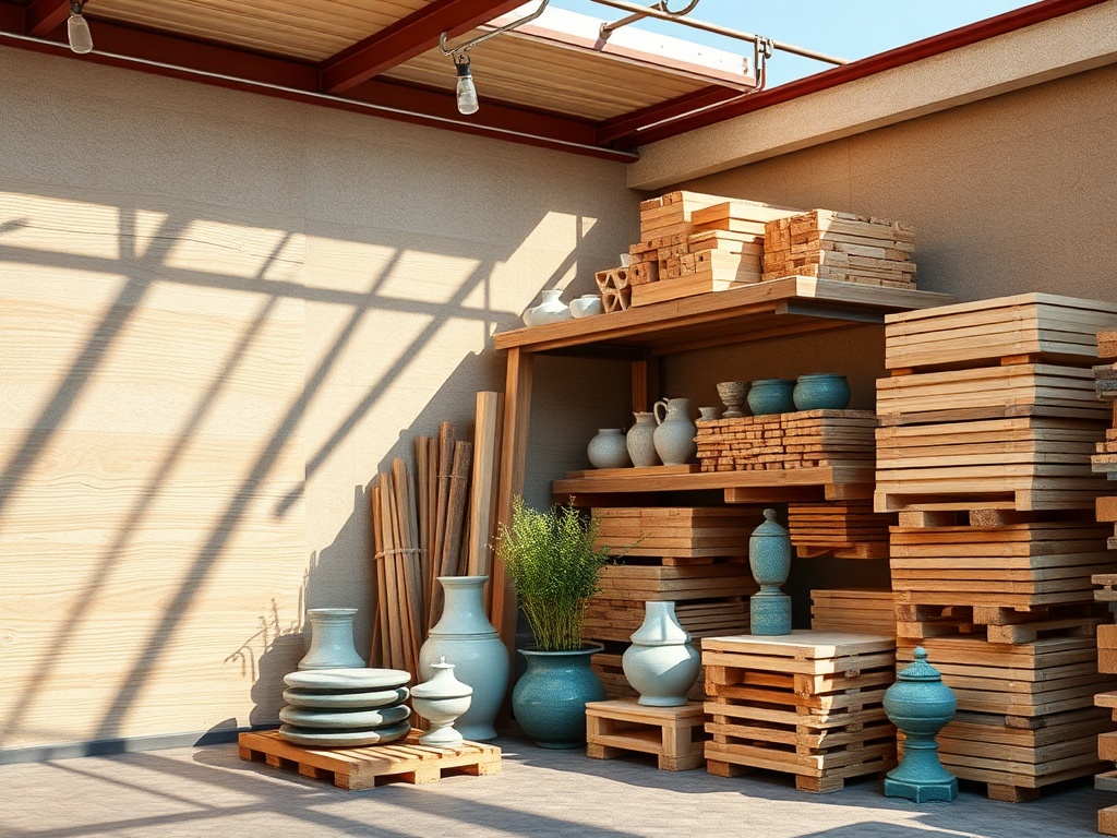 Промышленное пространство с деревянными полками, глиняной посудой и зелеными растениями на фоне.