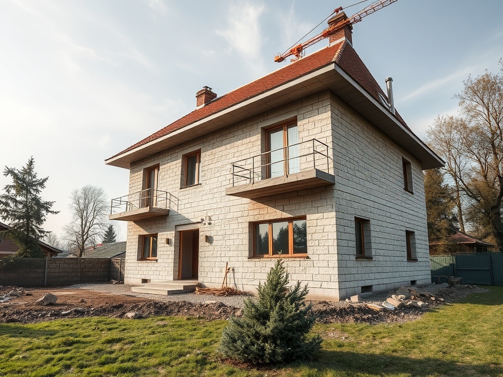 Современный дом из камня с красной крышей и террасой, окружённый зелёным газоном и деревьями.