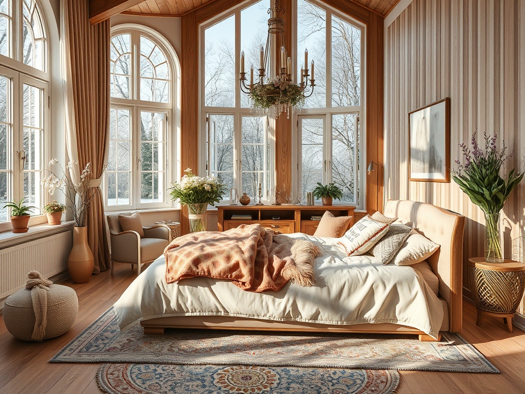 Уютная светлая спальня с большими окнами, деревянными элементами и растениями. Теплая атмосфера и комфорт.