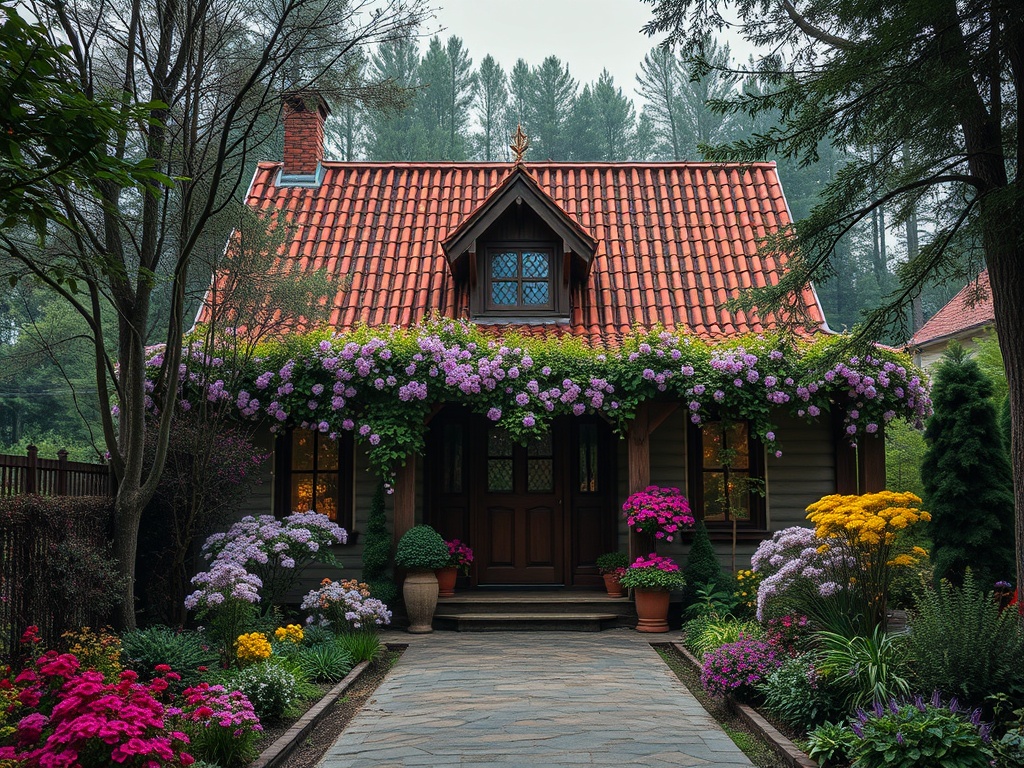 Сказочный дом с красной крышей, окруженный цветами и зеленью, в тихом лесном пейзаже.