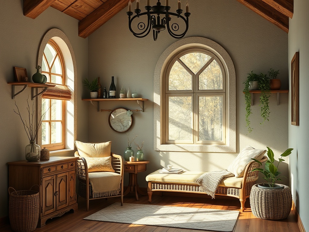 Уютная комната с большими окнами, деревянной мебелью и зелеными растениями, освещенная солнечным светом.