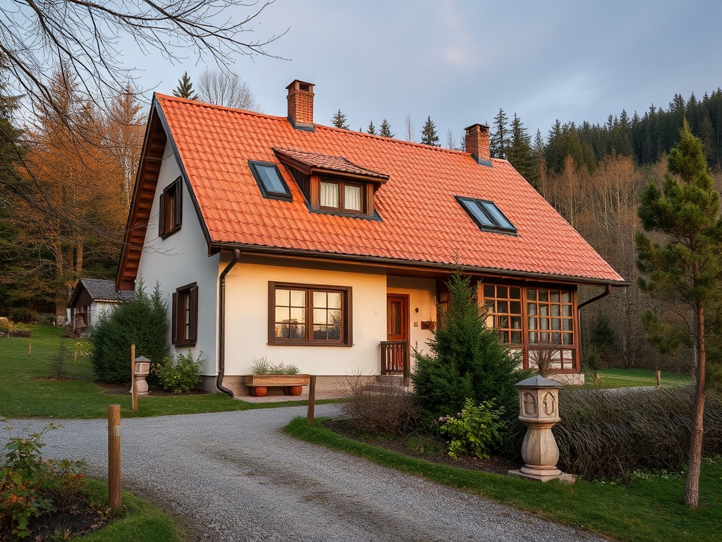 Современный дом с красной крышей, расположенный на ухоженном участке среди деревьев и кустарников.